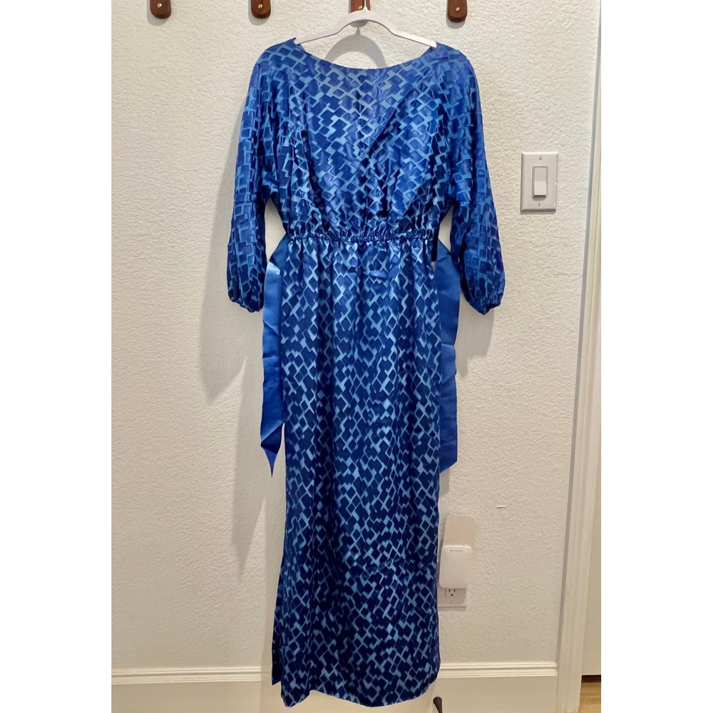 Victor Costa Maxi Dress M Tie Waist Thigh‎ High Slit Geometric Flowy Casual Blue